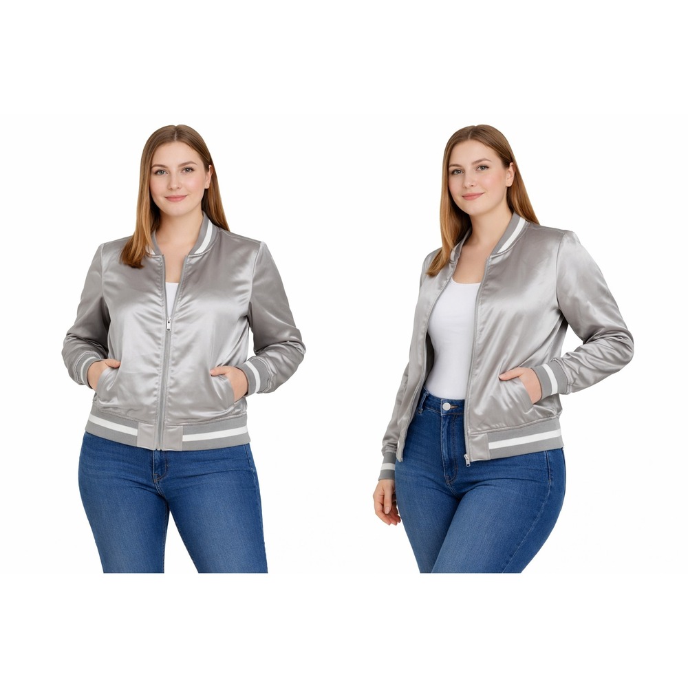 Forever 21 Womens Bomber Jacket Medium Silver Metallic Varsity Y2K‎ Streetwear